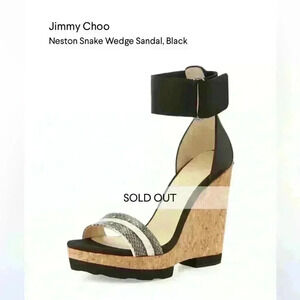Jimmy Choo Neston Snake Cork Wedge Sandals 38.5 Black Snakeskin Leather